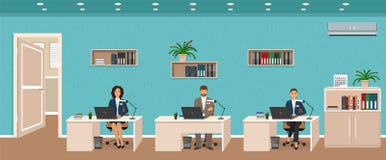 Office room interior with three workplaces, working employee and door outside. Workers sitting at desks. stock illustration Office room interior with three workplaces, working employee and door outside. Workers sitting at desks. stock illustration