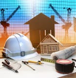 Office tower and home construction plan on architect working tab royalty free stock image Office tower and home construction plan on architect working tab royalty free stock image