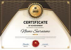 Official white certificate of appreciation award template with wave black and golden shapes and black badge, vector illustration Official white certificate of appreciation award template with wave black and golden shapes and black badge, vector illustration