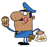 Oficial de polícia feliz do americano africano que come a filhós ilustração stock Oficial de polícia feliz do americano africano que come a filhós ilustração stock