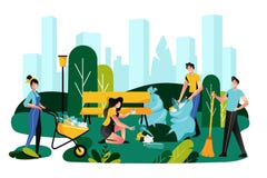 Ofreci?ndose voluntariamente, concepto social de la caridad Basura de limpieza del equipo voluntario en el c?sped del parque de l libre illustration Ofreci?ndose voluntariamente, concepto social de la caridad Basura de limpieza del equipo voluntario en el c?sped del parque de l libre illustration