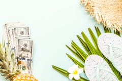 Oggetti posti piani di viaggio: cento dollari di fatture, pantofole della spiaggia, ananas fresco, fiore tropicale e foglia di pa fotografia stock libera da diritti Oggetti posti piani di viaggio: cento dollari di fatture, pantofole della spiaggia, ananas fresco, fiore tropicale e foglia di pa fotografia stock libera da diritti