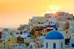 Oia village at sunset, Santorini island, Greece Royalty Free Stock Photo Oia village at sunset, Santorini island, Greece Royalty Free Stock Photo