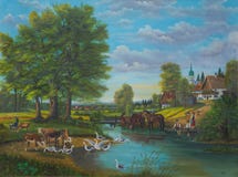 Painting of the life at the river at the edge of a village stock image Painting of the life at the river at the edge of a village stock image