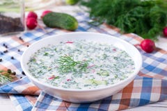 Okroshka Soep van de de zomer de lichte koude yoghurt met komkommer, radijs, eieren en dille op een lijst stock foto Okroshka Soep van de de zomer de lichte koude yoghurt met komkommer, radijs, eieren en dille op een lijst stock foto