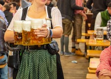 Oktoberfest, München, Duitsland Kelner met de traditionele bieren van de kostuumholding stock fotografie Oktoberfest, München, Duitsland Kelner met de traditionele bieren van de kostuumholding stock fotografie