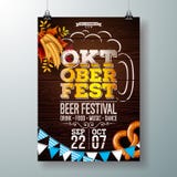 Oktoberfest party poster vector illustration with fresh beer in typography letter, pretzel, wheat, Bavaria flag and stock illustration Oktoberfest party poster vector illustration with fresh beer in typography letter, pretzel, wheat, Bavaria flag and stock illustration