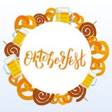 Oktoberfest 2018 Pub food frame vector illustration. Beer, meat, mug, snack, pretzel, sausage. Food set for pub design top view. stock illustration Oktoberfest 2018 Pub food frame vector illustration. Beer, meat, mug, snack, pretzel, sausage. Food set for pub design top view. stock illustration