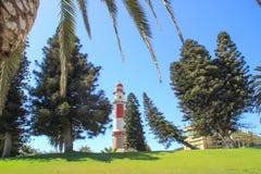 Old German red and white lighthouse, which is called `bacon` surrounded by palm trees royalty free stock images Old German red and white lighthouse, which is called `bacon` surrounded by palm trees royalty free stock images