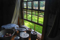 Open Window on a Summer Say with Antique Crocks and Bowls stock images Open Window on a Summer Say with Antique Crocks and Bowls stock images