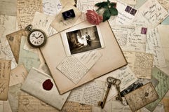 Old letters, photographs and postcards. Wedding background Stock Photo Old letters, photographs and postcards. Wedding background Stock Photo