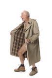Old man flashing with raincoat