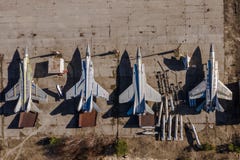 Old Military Russian Aircrafts. Top view. Gray body with red stars. stock photos Old Military Russian Aircrafts. Top view. Gray body with red stars. stock photos