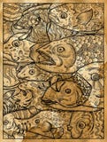 Old paper textured illustration of various kind of fish, close up.  Nautical vintage drawings, marine concept, coloring book page
