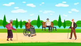 Old people walking park. Outdoors character grandpa grandma walk bench bicycle elderly man woman active pensioner banner vector illustration Old people walking park. Outdoors character grandpa grandma walk bench bicycle elderly man woman active pensioner banner vector illustration