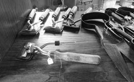 Old tools for pruning sheep and tools for cows, exposed, inside the museum of Minucciano, in a village of Garfagnana royalty free stock photography Old tools for pruning sheep and tools for cows, exposed, inside the museum of Minucciano, in a village of Garfagnana royalty free stock photography