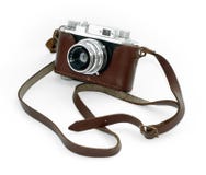 Old vintage camera in a leather case royalty free stock photo