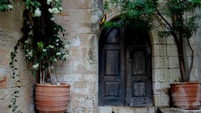 Old Wooden Door With Flower Pot royalty free stock images Old Wooden Door With Flower Pot royalty free stock images