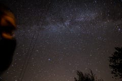 Olhando o céu noturno estrelado, panorama das estrelas imagens de stock royalty free Olhando o céu noturno estrelado, panorama das estrelas imagens de stock royalty free