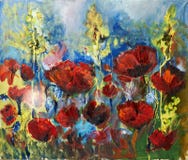 Olieverfschilderijbeeld van de rode lentepapaver stock foto Olieverfschilderijbeeld van de rode lentepapaver stock foto