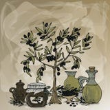 Olijfboom, fles met olijfolie, vat met ingelegde olijven en kruik etiket Ruimte voor tekst Hand-drawn vector royalty-vrije illustratie Olijfboom, fles met olijfolie, vat met ingelegde olijven en kruik etiket Ruimte voor tekst Hand-drawn vector royalty-vrije illustratie