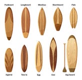 Olika format och designer av den wood surfingbrädaisolaten på vit bakgrund också vektor för coreldrawillustration vektor illustrationer Olika format och designer av den wood surfingbrädaisolaten på vit bakgrund också vektor för coreldrawillustration vektor illustrationer