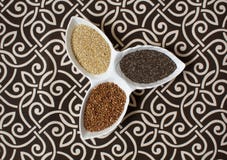 Olika sädesslag, sädesslag Olika sorter av grus i bunkar på en mönstrad svartvit bakgrund Bovetekorn, chia, che royaltyfri bild Olika sädesslag, sädesslag Olika sorter av grus i bunkar på en mönstrad svartvit bakgrund Bovetekorn, chia, che royaltyfri bild