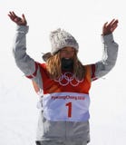Olympic champion Chloe Kim celebrates victory in the women`s snowboard halfpipe final at the 2018 Winter Olympics royalty free stock photography Olympic champion Chloe Kim celebrates victory in the women`s snowboard halfpipe final at the 2018 Winter Olympics royalty free stock photography