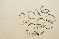 Olympic Rings 2016 Message Drawn In Sand Royalty Free Stock Photos Olympic Rings 2016 Message Drawn In Sand Royalty Free Stock Photos
