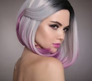 Ombre bob short hairstyle. Beautiful hair coloring woman. Fashion Trendy haircut. Blond model with short shiny hairstyle. Concept