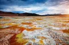 Ominous view geothermal area Hverir Hverarond. Location place stock images Ominous view geothermal area Hverir Hverarond. Location place stock images
