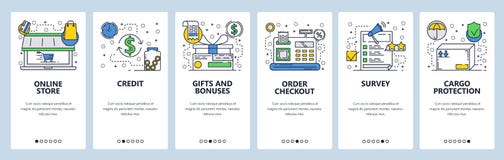Onboarding οθόνες ιστοχώρου Σε απευθείας σύνδεση εικονίδια παράδοσης καταστημάτων, τερματικών μετρητών, αναθεώρησης και συσκευασί απεικόνιση αποθεμάτων Onboarding οθόνες ιστοχώρου Σε απευθείας σύνδεση εικονίδια παράδοσης καταστημάτων, τερματικών μετρητών, αναθεώρησης και συσκευασί απεικόνιση αποθεμάτων