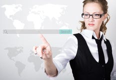 Onderzoeksbar op het virtuele scherm Internet-technologieën in zaken en huis de vrouw in pak en band, drukt a stock fotografie Onderzoeksbar op het virtuele scherm Internet-technologieën in zaken en huis de vrouw in pak en band, drukt a stock fotografie