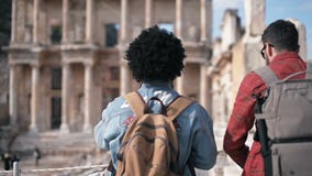 Two people visit Ephesus ancient city in Selcuk Izmir