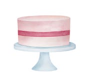 Watercolour sketch of pink festive cake on classic white stand.