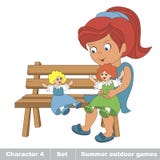 One young red hair girl in blue dress play with her toy doll on vector illustration One young red hair girl in blue dress play with her toy doll on vector illustration