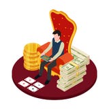 Online casino with banknotes, coins and man with tablet isometric vector illustration stock illustration Online casino with banknotes, coins and man with tablet isometric vector illustration stock illustration