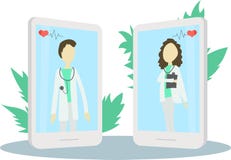 Online-doktorsteckenet eller tålmodig konsultation till doktorn via smartphonen, kan använda för affischen, banret, reklambladet vektor illustrationer Online-doktorsteckenet eller tålmodig konsultation till doktorn via smartphonen, kan använda för affischen, banret, reklambladet vektor illustrationer