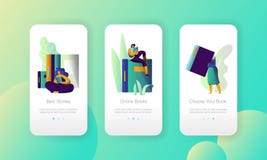 Online Ebook Library Modern University Mobile App Page Onboard Screen Set. Digital Book Reader. Woman Read Book vector illustration Online Ebook Library Modern University Mobile App Page Onboard Screen Set. Digital Book Reader. Woman Read Book vector illustration