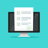 Online form survey on pc computer vector illustration, flat cartoon design monitor display showing quiz exam paper sheet royalty free illustration Online form survey on pc computer vector illustration, flat cartoon design monitor display showing quiz exam paper sheet royalty free illustration