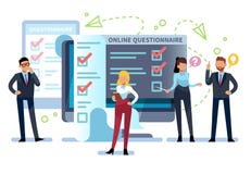 Online-frågeformulär Folket fyller ut internetgranskningsformen på PC Examenlista, lyckad dator som testar, online-frågesport vektor illustrationer Online-frågeformulär Folket fyller ut internetgranskningsformen på PC Examenlista, lyckad dator som testar, online-frågesport vektor illustrationer