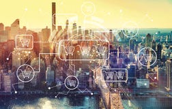Online het winkelen thema met luchtmening van Manhattan, NY Stock Afbeelding Online het winkelen thema met luchtmening van Manhattan, NY Stock Afbeelding
