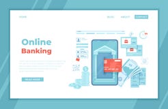 Online Internet Banking. Payment for purchases via smartphone. Fast easy securely mobile banking. Credit card transaction, financi vector illustration Online Internet Banking. Payment for purchases via smartphone. Fast easy securely mobile banking. Credit card transaction, financi vector illustration