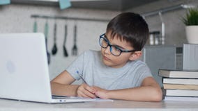 Online learning, distance lesson, education at home, technology for kids. Boy with textbooks doing school homework and