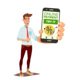 Online Payment Vector. Smiling Man Showing Smart Phone With Payments Application. Internet Banking Concept. Isolated stock illustration Online Payment Vector. Smiling Man Showing Smart Phone With Payments Application. Internet Banking Concept. Isolated stock illustration