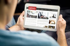 Online news article on tablet screen. Electronic newspaper or magazine. Latest daily press and media. Mockup of digital portal.