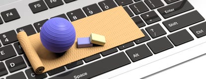 Online pilates classes. Exercise mat and pilates ball on computer keyboard. 3d illustration vector illustration Online pilates classes. Exercise mat and pilates ball on computer keyboard. 3d illustration vector illustration