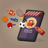 Online shopping store, sport equipment order. On mobile screen royalty free illustration Online shopping store, sport equipment order. On mobile screen royalty free illustration
