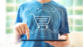 Online shopping theme with man using a tablet stock illustration Online shopping theme with man using a tablet stock illustration