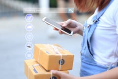 Online shopping, Woman hand holding smart phone and tracking parcel online to update status with hologram, Ecommerce and delivery